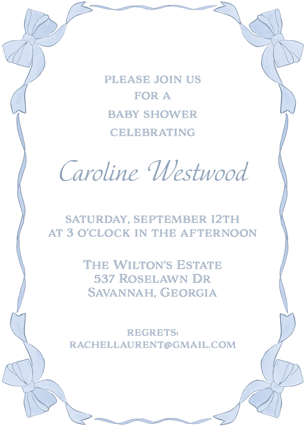 Blue Bow Baby Shower Invitation