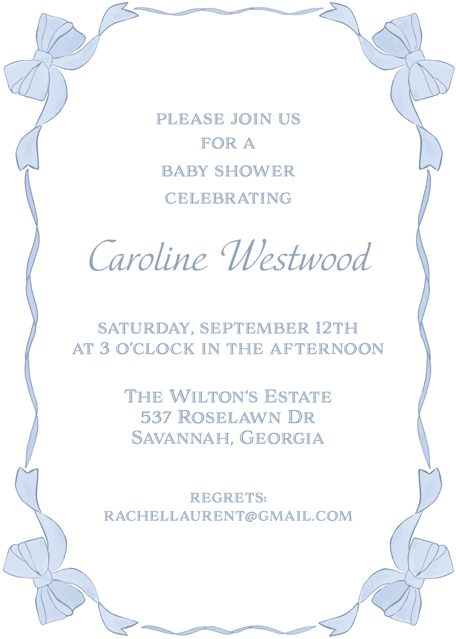 Blue Bow Baby Shower Invitation