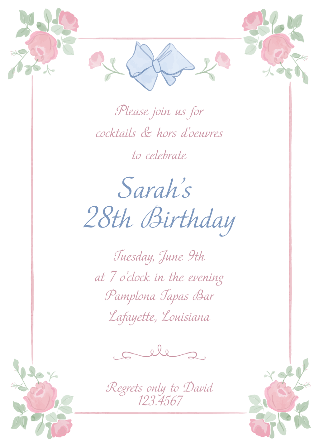 Pink Roses and Blue Bows Birthday Invitation