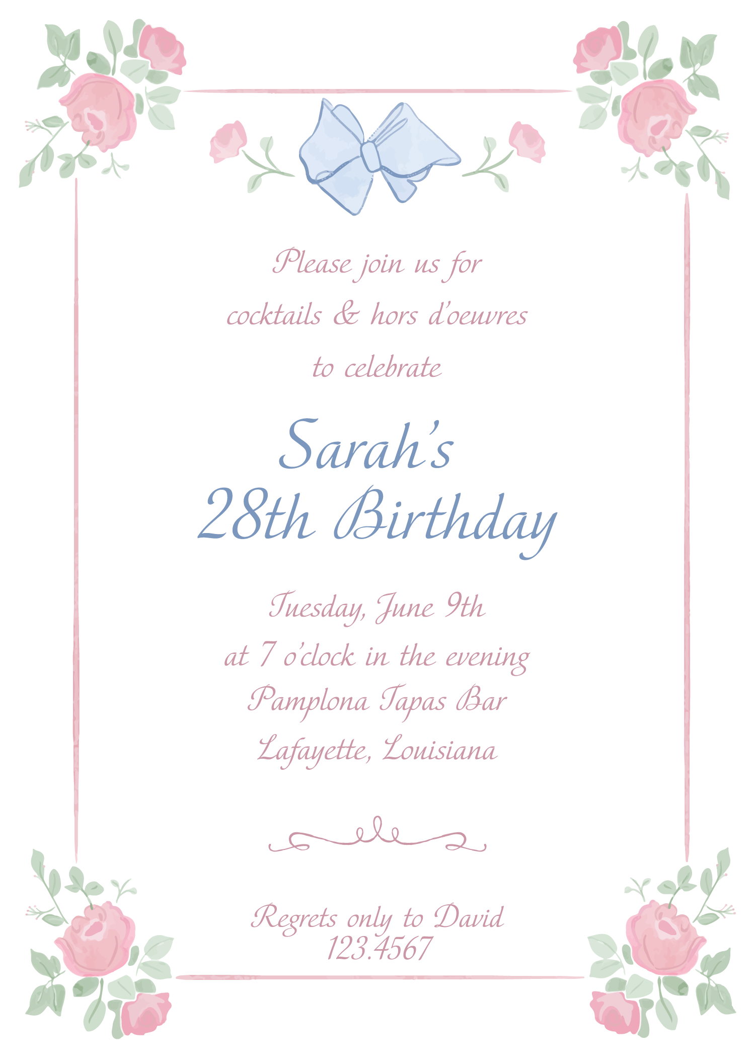 Pink Roses and Blue Bows Birthday Invitation