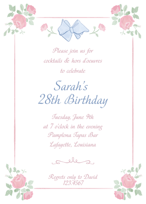 Pink Roses and Blue Bows Birthday Invitation