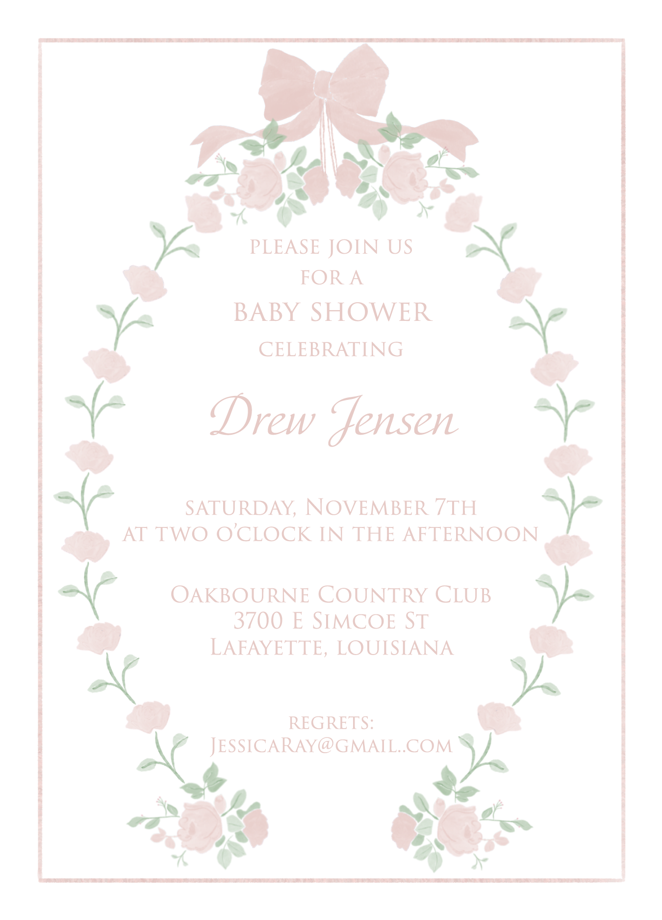 Pink Roses & Ribbons Baby Shower Invitation