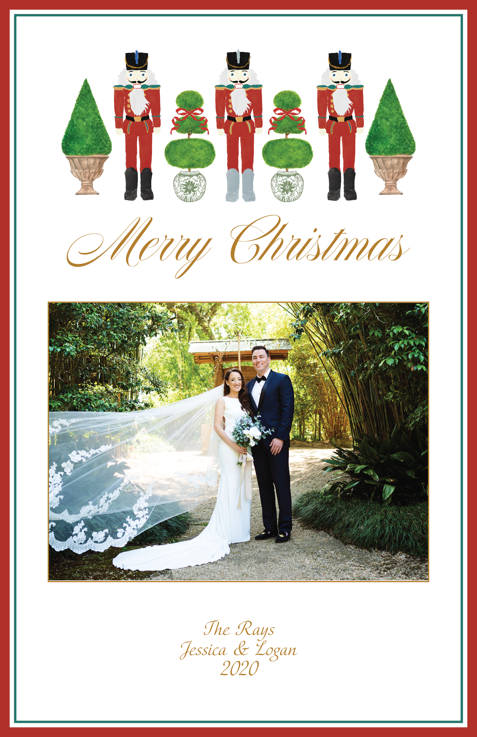 Red Nutcrackers and Topiaries Holiday Card